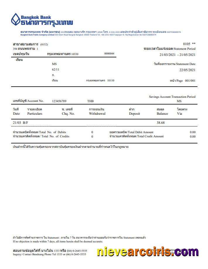 Thailand Bangkok bank account statement in Word and PDF format
